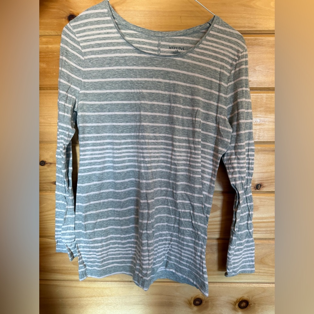 Merona Light Gray and White Striped Long Sleeve Top